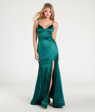 The Amy Mermaid Slit Satin Formal Dress in luxe hunter green fabric, a stunning prom dress with statement details designed to make a bold impression at Prom 2025.