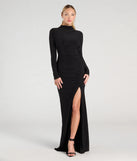 The Vienna Long Sleeve Open Back Bodycon Formal Dress in luxe black fabric, a stunning prom dress with statement details designed to make a bold impression at Prom 2025.