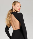 The Vienna Long Sleeve Open Back Bodycon Formal Dress in luxe black fabric, a stunning prom dress with statement details designed to make a bold impression at Prom 2025.
