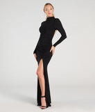 The Vienna Long Sleeve Open Back Bodycon Formal Dress in luxe black fabric, a stunning prom dress with statement details designed to make a bold impression at Prom 2025.
