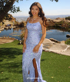 Turn heads at Prom 2025 in this periwinkle prom dress, where statement-making details meet the iconic style of the Paulina Strappy Open Back Slit Sequin Formal Dress.