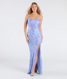 Step into the Prom 2025 dance in the Paulina Strappy Open Back Slit Sequin Formal Dress in periwinkle, a stunning blue prom dress designed to complement any theme with its timeless allure and statement-making style.