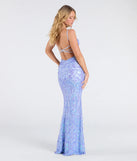 Flaunt your silhouette in the tight Paulina Strappy Open Back Slit Sequin Formal Dress in periwinkle, a bodycon dress that empowers your look with bold style and effortless edge.