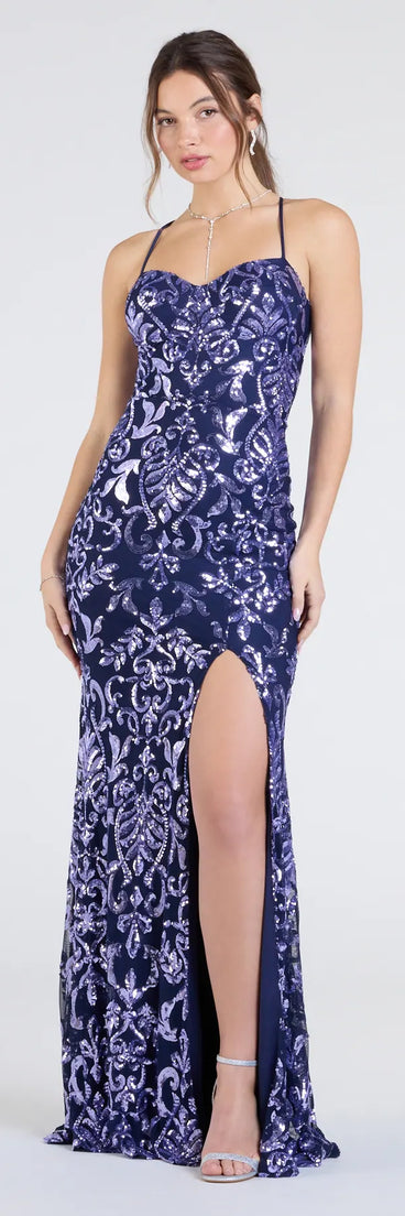 Shimmer through every feed refresh in the Shelby Lace-Up Slit Sequin Formal Dress, a viral-worthy look from Windsor's navy blue prom dresses that nails bold, confident energy.
