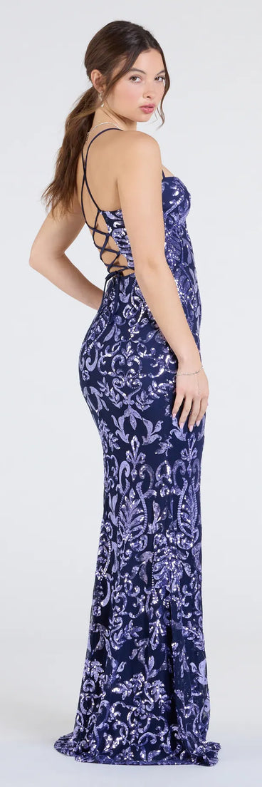 Flaunt your silhouette in the tight Shelby Lace-Up Slit Sequin Formal Dress in navy blue, a bodycon dress that empowers your look with bold style and effortless edge.