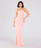 Make a bold statement in the Mischka Strapless Mermaid Glitter Formal Dress in coral, the perfect spring dress for weddings, cocktail hours, nights out, and/or seasonal celebrations.
