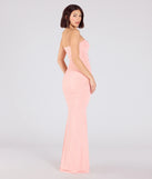 Make a bold statement in the Mischka Strapless Mermaid Glitter Formal Dress in coral, the perfect spring dress for weddings, cocktail hours, nights out, and/or seasonal celebrations.