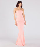Make a bold statement in the Mischka Strapless Mermaid Glitter Formal Dress in coral, the perfect spring dress for weddings, cocktail hours, nights out, and/or seasonal celebrations.