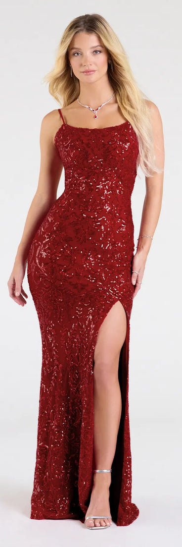 Feel instantly put-together in the Paulina Strappy Open Back Slit Sequin Formal Dress in red, a stylish wedding guest dress designed for confident style and all-out celebration.