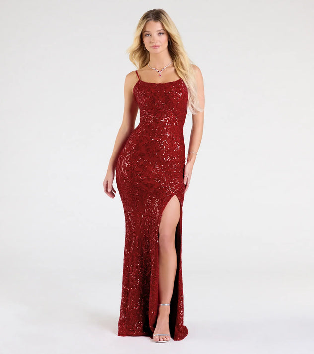 Feel instantly put-together in the Paulina Strappy Open Back Slit Sequin Formal Dress in red, a summer wedding guest dress designed for confident style and all-out celebration.