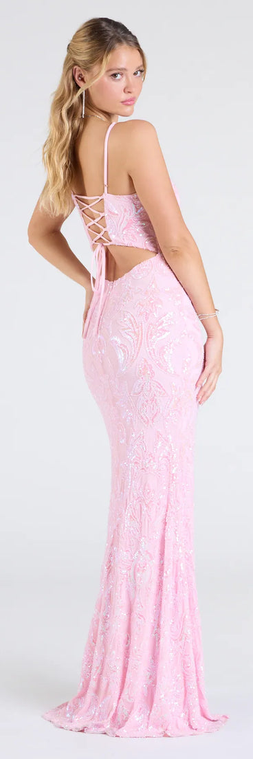 Style your seasonal looks with the Tarna Lace-Up Bead Sequin Mermaid Formal Dress, a trend-right, pink fall dress designed for any plan on your calendar with new and unqiue details.
