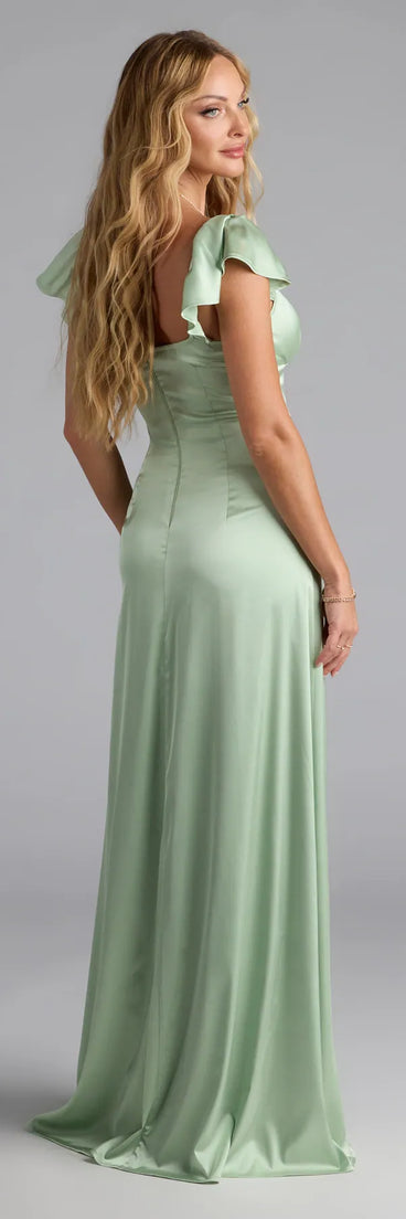 Own the spotlight in the Olessa Short Sleeve A-Line Slit Satin Formal Dress, a sage green formal dress crafted to deliver luxe style for autumn weddings, Military Balls, or any special event.