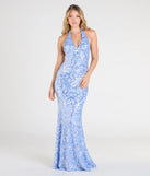 Make a bold statement in the Blaire Halter Open Back Mermaid Sequin Formal Dress in periwinkle, the perfect spring dress for weddings, cocktail hours, nights out, and/or seasonal celebrations.