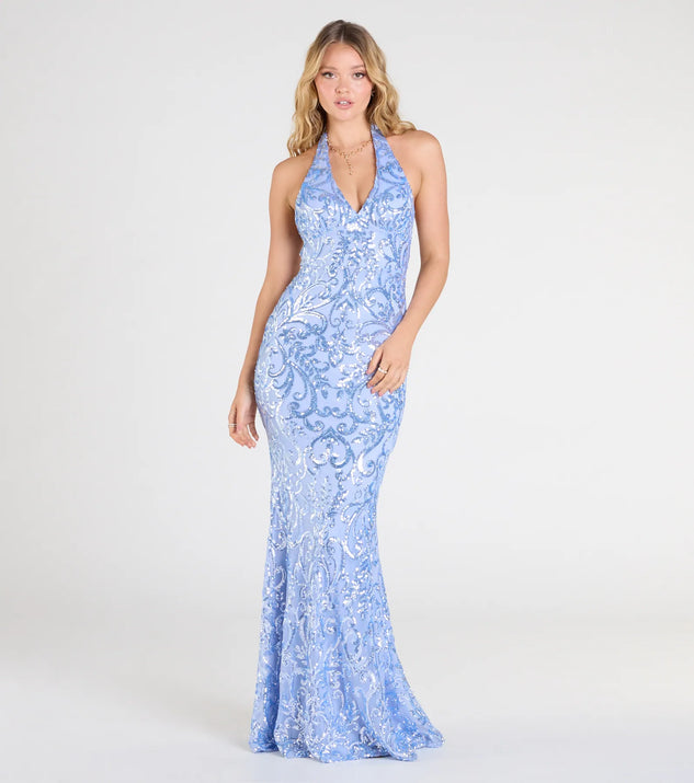 Make a bold statement in the Blaire Halter Open Back Mermaid Sequin Formal Dress in periwinkle, the perfect spring dress for weddings, cocktail hours, nights out, and/or seasonal celebrations.