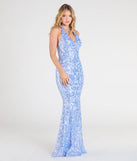 Make a bold statement in the Blaire Halter Open Back Mermaid Sequin Formal Dress in periwinkle, the perfect spring dress for weddings, cocktail hours, nights out, and/or seasonal celebrations.