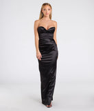 The Noel Strapless Sweetheart Slit Satin Formal Dress in luxe black fabric, a stunning prom dress with statement details designed to make a bold impression at Prom 2025.