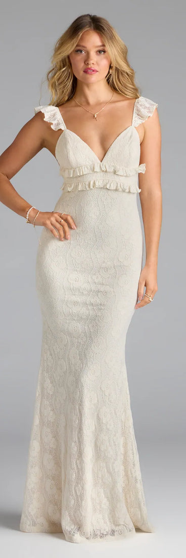 The Romy Ruffle Tie-Back Mermaid Lace Formal Dress is your new go-to ivory dress—effortless, versatile, and made to update your fall style in seconds.