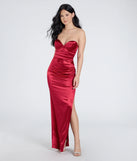 The Noel Strapless Sweetheart Slit Satin Formal Dress in luxe red fabric, a stunning prom dress with statement details designed to make a bold impression at Prom 2025.