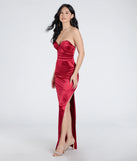 The Noel Strapless Sweetheart Slit Satin Formal Dress in luxe red fabric, a stunning prom dress with statement details designed to make a bold impression at Prom 2025.