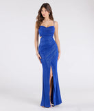 Step into the Prom 2025 dance in the Elliana Cutout Slit Glitter Formal Dress in royal, a stunning blue prom dress designed to complement any theme with its timeless allure and statement-making style.