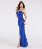 Step into the Prom 2025 dance in the Elliana Cutout Slit Glitter Formal Dress in royal, a stunning blue prom dress designed to complement any theme with its timeless allure and statement-making style.
