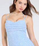 Step into the Prom 2025 dance in the Kaitlyn Cowl Neck Slit Beaded Sequin Formal Dress in light blue, a stunning blue prom dress designed to complement any theme with its timeless allure and statement-making style.