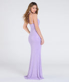 Make a bold statement in the Kaitlyn Cowl Neck Slit Beaded Sequin Formal Dress in lavender, the perfect spring dress for weddings, cocktail hours, nights out, and/or seasonal celebrations.