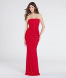 Make a statement in the Mischka Strapless Mermaid Glitter Formal Dress, a bold red prom dress designed to exude confidence, elegance, and a striking prom-night look.