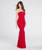 Make a statement in the Mischka Strapless Mermaid Glitter Formal Dress, a bold red prom dress designed to exude confidence, elegance, and a striking prom-night look.