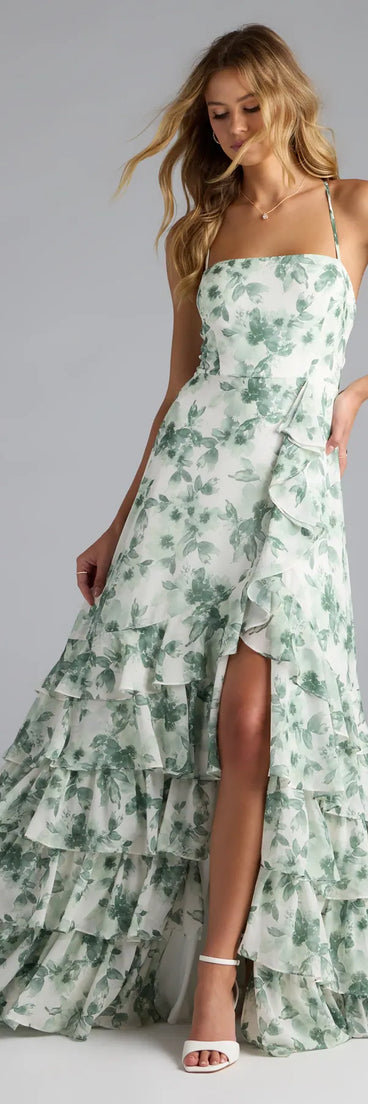 Feel instantly put-together in the Mia Lace-Up A-Line Floral Chiffon Formal Dress in sage green, a summer wedding guest dress designed for confident style and all-out celebration.