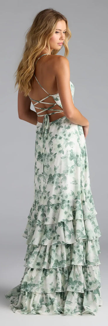 Own the spotlight in the Mia Lace-Up A-Line Floral Chiffon Formal Dress, a sage green formal dress crafted to deliver luxe style for summer weddings, Army Balls, or any special event.