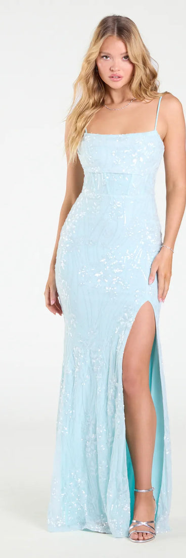 Feel instantly put-together in the Mandy Lace-Up Slit Mermaid Sequin Formal Dress in light blue, a stylish wedding guest dress designed for confident style and all-out celebration.