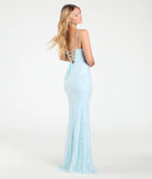 Step into the Prom 2025 dance in the Mandy Lace-Up Slit Mermaid Sequin Formal Dress in light blue, a stunning blue prom dress designed to complement any theme with its timeless allure and statement-making style.