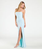 The Mandy Lace-Up Slit Mermaid Sequin Formal Dress in luxe light blue fabric, a stunning prom dress with statement details designed to make a bold impression at Prom 2025.