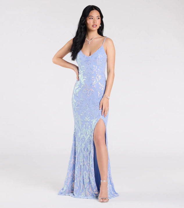 Own the spotlight in the Tarna Lace-Up Bead Sequin Mermaid Formal Dress, a light blue formal dress crafted to deliver luxe style for summer weddings, Army Balls, or any special event.