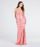 Make a bold statement in the Shelby Lace-Up Slit Sequin Formal Dress in coral, the perfect spring dress for weddings, cocktail hours, nights out, and/or seasonal celebrations.