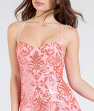 Make a bold statement in the Shelby Lace-Up Slit Sequin Formal Dress in coral, the perfect spring dress for weddings, cocktail hours, nights out, and/or seasonal celebrations.