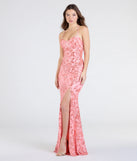 Make a bold statement in the Shelby Lace-Up Slit Sequin Formal Dress in coral, the perfect spring dress for weddings, cocktail hours, nights out, and/or seasonal celebrations.