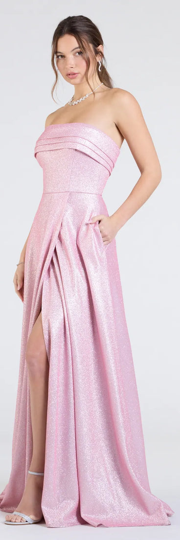 Own the spotlight in the Peyton Strapless Slit A-Line Glitter Formal Dress, a pink formal dress crafted to deliver luxe style for autumn weddings, Military Balls, or any special event.