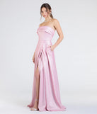 The Peyton Strapless Slit A-Line Glitter Formal Dress in luxe pink fabric, a stunning prom dress with statement details designed to make a bold impression at Prom 2025.