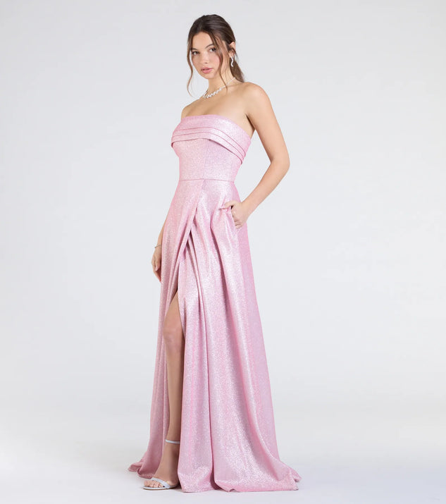 The Peyton Strapless Slit A-Line Glitter Formal Dress in luxe pink fabric, a stunning prom dress with statement details designed to make a bold impression at Prom 2025.