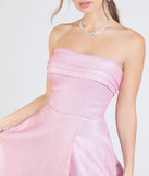 The Peyton Strapless Slit A-Line Glitter Formal Dress in luxe pink fabric, a stunning prom dress with statement details designed to make a bold impression at Prom 2025.