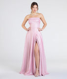 The Peyton Strapless Slit A-Line Glitter Formal Dress in luxe pink fabric, a stunning prom dress with statement details designed to make a bold impression at Prom 2025.