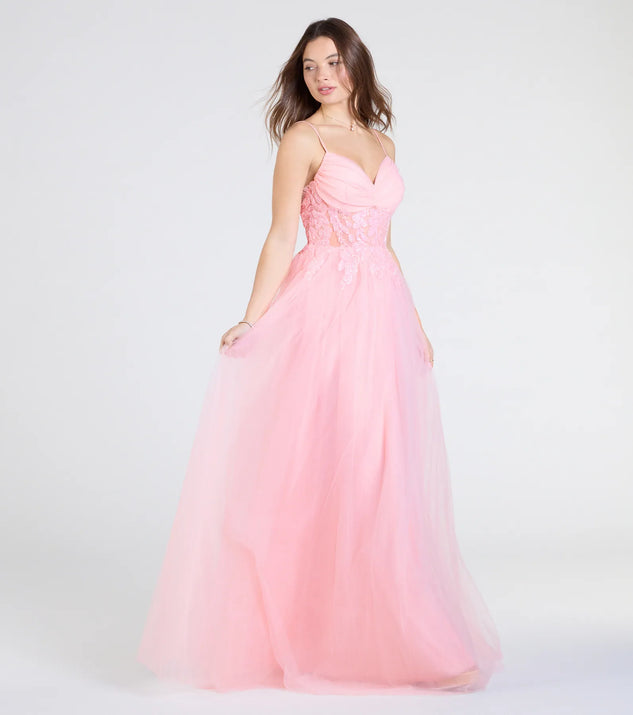 Make a bold statement in the Alia Sequin Applique A-Line Tulle Formal Dress in peach, the perfect spring dress for weddings, cocktail hours, nights out, and/or seasonal celebrations.