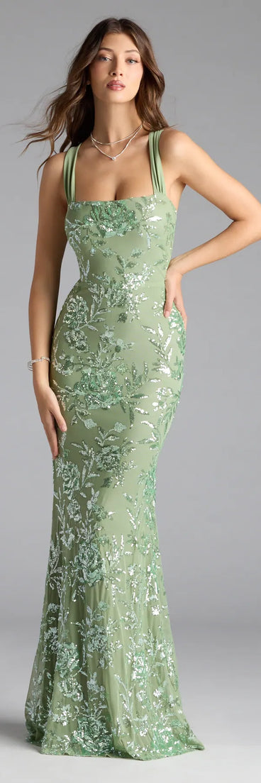 Own the spotlight in the Lexie Floral Sequin Lace-Up Mermaid Dress, a sage green formal dress crafted to deliver luxe style for autumn weddings, Military Balls, or any special event.
