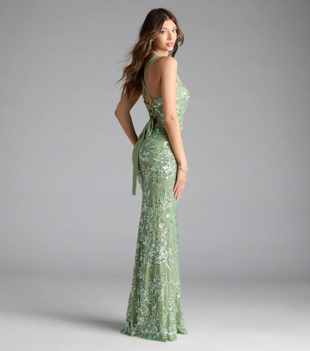 Lexie Floral Sequin Lace-Up Mermaid Dress