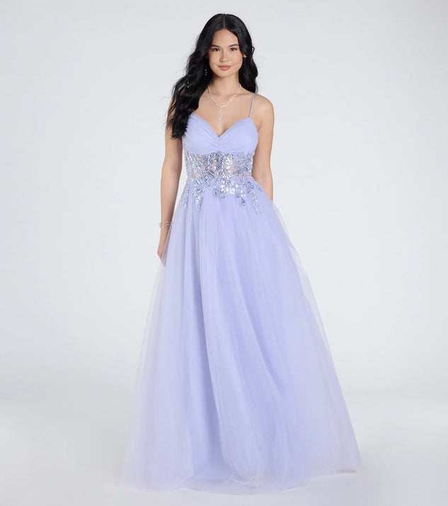 Step into the Prom 2025 dance in the Alia Sequin Applique A-Line Tulle Formal Dress in periwinkle, a stunning blue prom dress designed to complement any theme with its timeless allure and statement-making style.
