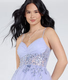 Step into the Prom 2025 dance in the Alia Sequin Applique A-Line Tulle Formal Dress in periwinkle, a stunning blue prom dress designed to complement any theme with its timeless allure and statement-making style.