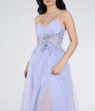 Step into the Prom 2025 dance in the Alia Sequin Applique A-Line Tulle Formal Dress in periwinkle, a stunning blue prom dress designed to complement any theme with its timeless allure and statement-making style.