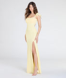 Turn heads at Prom 2025 in this yellow prom dress, where statement-making details meet the iconic style of the Tanya Lace-Up Slit Mermaid Beaded Formal Dress.